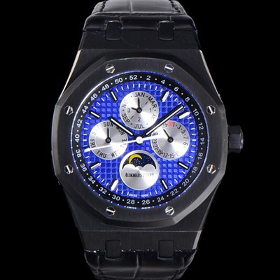 홍콩명품 [오데마피게] 남성용 로얄오크 퍼펙츄얼 캘린더 41mm 오토매틱 T5134 타입 PVD블랙 무광 코팅 가죽줄 블루다이얼  aud5192  