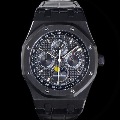 홍콩명품 [오데마피게] 남성용 로얄오크 퍼펙츄얼 캘린더 41mm 오토매틱 T5134 타입 PVD블랙 무광 코팅 가죽줄 블랙다이얼  aud1359  