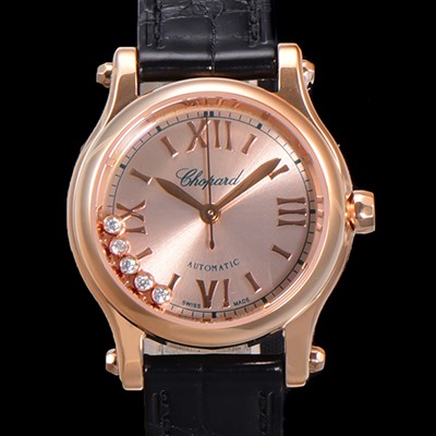 홍콩명품 [쇼파드] 여성용 해피 다이아몬드 오토매틱 ETA2892-2 타입 36mm 래이디스/ 금장시계 18K로즈골드 가죽줄 골드다이얼 cho2512  