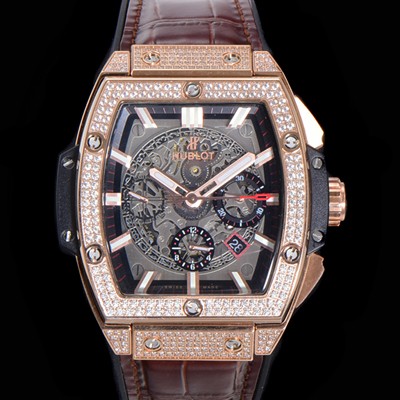 홍콩명품 [휴블렛] 남성용 스피릿 빅뱅 마스터피스 크로노그래프 Hub4700타입 45mm 18K로즈골드/다이아몬드 셋팅 가죽줄 스켈래톤다이얼 hub2191  