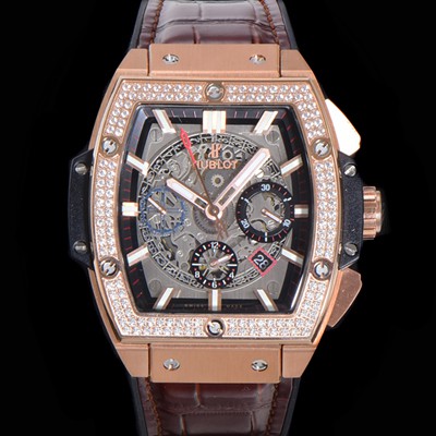 홍콩명품 [휴블렛] 남성용 스피릿 빅뱅 마스터피스 크로노그래프 Hub4700타입 45mm 18K로즈골드/다이아몬드 셋팅 가죽줄 스켈래톤다이얼 hub9351  