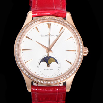 홍콩명품 [예거르꿀뜨르] 남성용 마스터 울트라 씬 문페이즈 39mm 오토매틱 866타입 18K로즈골드/다이아몬드 베젤 가죽줄 화이트다이얼 jag2319  