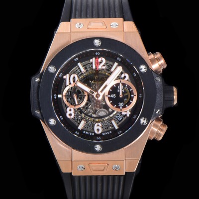 홍콩명품 [휴블렛] 남성용 빅뱅 유니코 45mm 오토매틱 HUB1242 타입 18K 로즈골드/블랙세라믹 베젤 러버줄 스켈래톤 다이얼  hub1129  