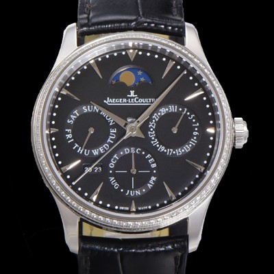 홍콩명품 [예거르꿀뜨르] 남성용 마스터 울트라 퍼페추얼 캘린더 오토매틱 MC868 타입 39mm 가죽줄 다이아몬드베젤 문페이즈  블랙다이얼 jag49774  