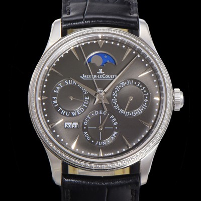 홍콩명품 [예거르꿀뜨르] 남성용 마스터 울트라 퍼페추얼 캘린더 오토매틱 MC868 타입 39mm 가죽줄 다이아몬드베젤 문페이즈  그레이 다이얼 jag70487  