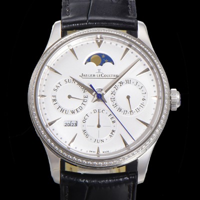 홍콩명품 [예거르꿀뜨르] 남성용 마스터 울트라 퍼페추얼 캘린더 오토매틱 MC868 타입 39mm 가죽줄 다이아몬드베젤 문페이즈  화이트다이얼 jag24492  