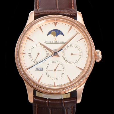 홍콩명품 [예거르꿀뜨르] 남성용 마스터 울트라 퍼페추얼 캘린더 18K 로즈골드 오토매틱 MC868 타입 39mm 가죽줄 다이아몬드베젤 문페이즈 아이보리다이얼 jag20778  
