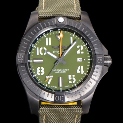 홍콩명품 [브라이틀링] 남성용 어벤져 나이트 미션 밀리터리 한정판 오토매틱 ETA2836-2 타입 GMT 45mm  DLC코팅 무광 올블랙 나토천/가죽 믹스 카키다이얼 bre82074  