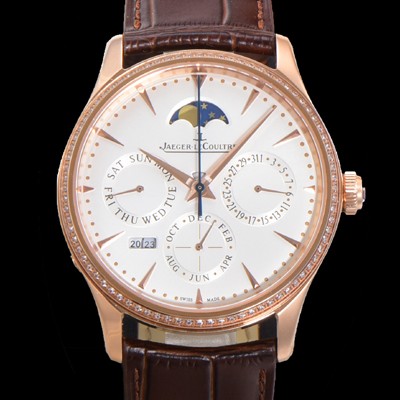 홍콩명품 [예거르꿀뜨르] 남성용 마스터 울트라 퍼페추얼 캘린더 18K 로즈골드 오토매틱 MC868 타입 39mm 가죽줄 다이아몬드베젤 문페이즈 화이트 다이얼 jag80287  