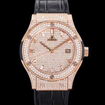 홍콩명품 [휴블렛] 남성용 클래식 퓨전 565.OX.9010.LR.1704 다이아몬드 셋팅 큐빅/보석 다이얼 18K로즈골드 42미리 오토매틱 2892 타입 가죽/우레탄 믹스밴드 hub2127  