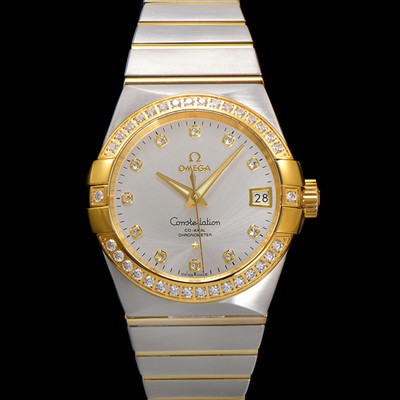 홍콩명품 [오메가] 남성용 컨스틀레이션 123.25.38.21.52.002 18k 옐로우골드 다이아몬드 세팅 베젤 38mm 오토매틱 8500타입 실버 다이얼 omg0157  