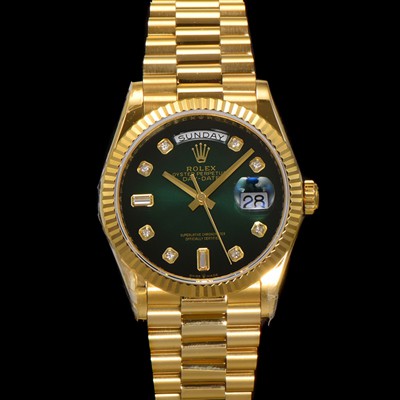 홍콩명품 [로렉스] 남성용 New 데이데이트 m128238-0069 무게173g 18K 옐로우골드 프레지던트 36mm 오토매틱 Cal.2836-2 타입 다이아몬드 그린 옴브레 다이얼 rol5408  