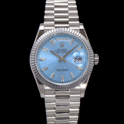 홍콩명품 [로렉스] 남성용 New 데이데이트 m128236-0009 무게173g 플래티넘 프레지던트 36mm 오토매틱 Cal.2836-2 타입 아이스 블루 바게트 다이얼 rol5411  