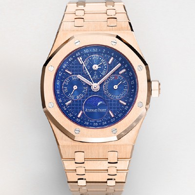 홍콩명품 [오데마피게] 남성용 로얄오크 26574 퍼페츄얼 캘린더 문페이즈 18K 로즈골드 41mm 블루 다이얼 신형 5134 오토매틱 무브먼트 aud4212  