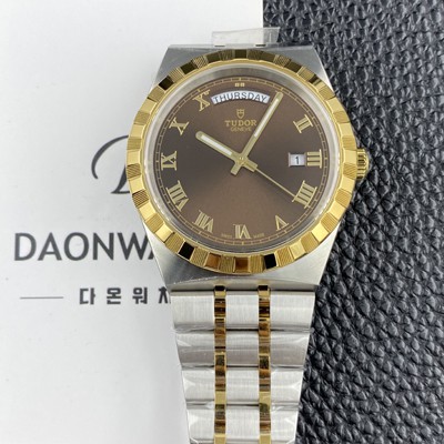 홍콩명품 [튜더] 남성용 로얄 워치 오토매틱 스위스 ETA2836-2 타입 18K 옐루골드 41mm 메탈줄 브라운 다이얼 tud5134  