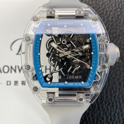 홍콩명품 [리차드밀레] 남성용 RM055 트랜스파랜트 50mm 미네랄 크리스탈 기계식 수동형 무브먼트 블루 스켈레톤 다이얼 ric0328  