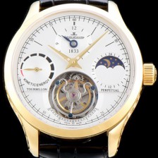 홍콩명품 [예거르쿨트르] 남성용 마스터 그랑 트래디션 5043480 1833퍼페추얼 18K 옐로우골드 케이스 화이트 다이얼 아시안 투어빌론 탑재 무브먼트 JAG0410  