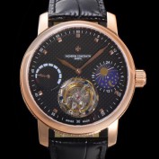 홍콩명품 [바쉐런콘스탄틴]남성용 트레디셔널 투어빌론 오토매틱 문페이즈 44mm 18K 로즈골드 가죽줄 블랙다이얼 vac15690  