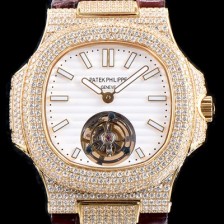 홍콩명품 [파텍필립] 남성용 노틸러스 뚜르비옹 18K 옐로우 골드 최상급쥬얼 다이아몬드 풀 세팅 케이스 화이트 텍스쳐 다이얼 아시안 투어빌론 탑재 PAT0100  