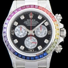 홍콩명품 [로렉스] 남성용 904L스틸 업!! 데이토나 116599 레인보우 무지개 컬러 바게크 컷 사파이어 36개 세팅 베젤 블랙 다이얼 오이스터 브레이슬릿 7750B-2 오토매틱 무브먼트 ROL0050  