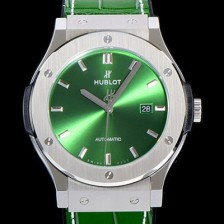 홍콩명품 [휴블렛] 남성용 클래식 퓨전 45미리 오토매틱 9015 타입 가죽/러버 믹스 그린다이얼 HUB73559  