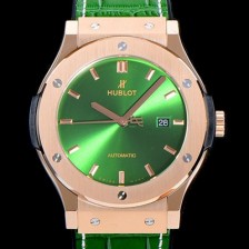 홍콩명품 [휴블렛] 남성용 클래식 퓨전 45미리 금장 오토매틱 9015 타입 가죽/러버 믹스 그린다이얼 HUB73545  