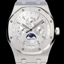 홍콩명품 [오데마피게] 남성용 로얄오크 페퍼츄얼 41미리 오토매틱 5134타입 매탈줄 문페이즈 화이트다이얼 AUD74477  
