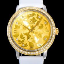 홍콩명품 [오메가] 여성용 드빌 프레스티지 32.7미리 쿼츠 금장 보석/큐빅 셋팅 4061타입 레이디 소가죽줄 골드다이얼 OMG79437  