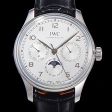 홍콩명품 [아이더블유씨] 남성용 포르투기즈 퍼페추얼 캘린더 문페이즈 오토매틱 42mm Cal.82650 타입 가죽줄 화이트다이얼   iwc42081  