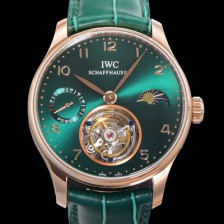 홍콩명품 [아이더블유씨] 남성용 신제품 UP!! 포르투기즈 컴플리케이션 하이  "투어빌론 문페이즈 파워 리저브"아시안 투어빌론 탑재  18K 로즈골드 42mm 가죽줄 그린 다이얼   iwc1599  
