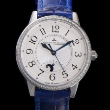 홍콩명품 [예거 르꿀르뜨] 여성용 랑데뷰 나잇&데이 문페이즈 오토매틱 898A 타입 무브 34mm 보석 배젤 가죽줄  화이트다이얼 jag1521  