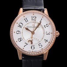 홍콩명품 [예거 르꿀르뜨] 여성용 랑데뷰 나잇&데이 문페이즈 오토매틱 898A 타입 무브 34mm 금장시계 보석  배젤 가죽줄 화이트다이얼 jag9251  