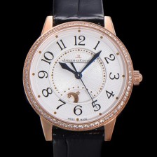 홍콩명품 [예거 르꿀르뜨] 여성용 랑데뷰 나잇&데이 문페이즈 오토매틱 898A 타입 무브 34mm 금장시계 보석 배젤 가죽줄 화이트다이얼 jag1151  