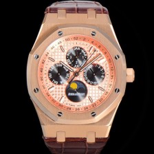 홍콩명품 [오데마피게] 남성용 로얄오크 퍼펙츄얼 캘린더 41mm 오토매틱 T5134 타입 18K로즈골드 가죽줄 골드다이얼  aud5119  