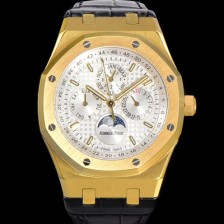 홍콩명품 [오데마피게] 남성용 로얄오크 퍼펙츄얼 캘린더 41mm 오토매틱 T5134 타입 18K옐루골드 가죽줄 화이트다이얼  aud3191  