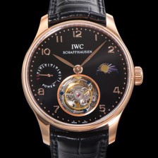 홍콩명품 [아이더블유씨] 남성용 신제품 UP!! 포르투기즈 컴플리케이션 하이  "투어빌론 문페이즈 파워 리저브"아시안 투어빌론 탑재  18K 로즈골드 42mm 가죽줄 블랙 다이얼   iwc1959  