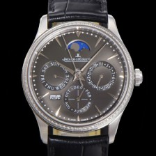 홍콩명품 [예거르꿀뜨르] 남성용 마스터 울트라 퍼페추얼 캘린더 오토매틱 MC868 타입 39mm 가죽줄 다이아몬드베젤 문페이즈  그레이 다이얼 jag70487  