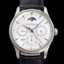 홍콩명품 [예거르꿀뜨르] 남성용 마스터 울트라 퍼페추얼 캘린더 오토매틱 MC868 타입 39mm 가죽줄 다이아몬드베젤 문페이즈  화이트다이얼 jag24492  