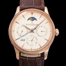 홍콩명품 [예거르꿀뜨르] 남성용 마스터 울트라 퍼페추얼 캘린더 18K 로즈골드 오토매틱 MC868 타입 39mm 가죽줄 다이아몬드베젤 문페이즈 아이보리다이얼 jag20778  