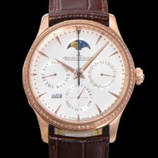 홍콩명품 [예거르꿀뜨르] 남성용 마스터 울트라 퍼페추얼 캘린더 18K 로즈골드 오토매틱 MC868 타입 39mm 가죽줄 다이아몬드베젤 문페이즈 화이트 다이얼 jag80287  
