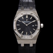 홍콩명품 [오데마피게] 여성용 로얄오크 67651ST.ZZ.D002CR.01 악어가죽줄 33mm 쿼츠 무브먼트 블랙 와플 다이얼 aud6516  