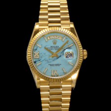 홍콩명품 [로렉스] 남성용 New 데이데이트 m128238-0071 무게173g 18K 옐로우골드 프레지던트 36mm 오토매틱 Cal.2836-2 타입 다이아몬드 터키석 다이얼 rol5409  