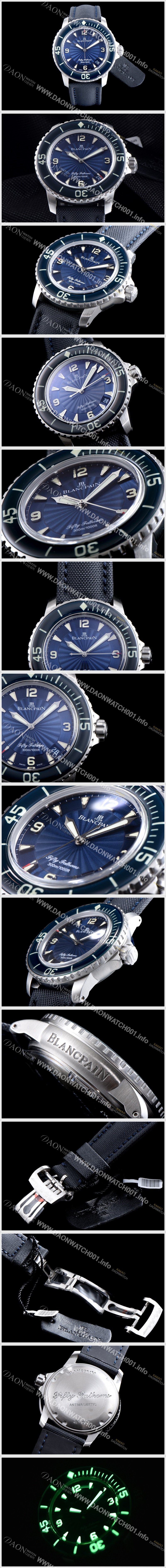 홍콩명품 [블랑팡] 남성용 베스트셀러 피프티 패덤스 5015D-1140-52B 칼리버 워치 물결무늬 블루 다이얼 스위스 ETA 2836-2오토매틱 무브먼트 BLA4205