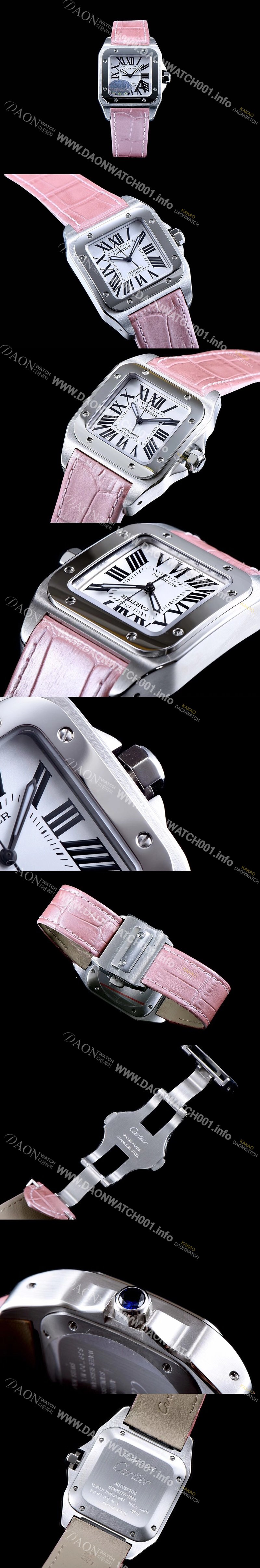 홍콩명품 [까르띠에] 남여공용 산토스100 W20126X8 커플용 워치 화이트 다이얼 핑크 레더 스트랩 오토매틱 무브먼트 CAR0333