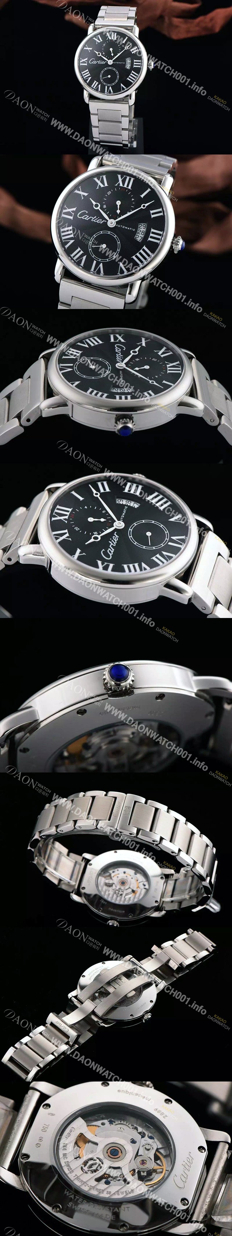 홍콩명품 [까르띠에] 남성용 롱드더 까르띠에 서브 세컨즈 물결무늬 블랙 다이얼 화이트 로마 인덱스 스위스 ETA 2824-A2오토매틱 무브먼 CAR0330