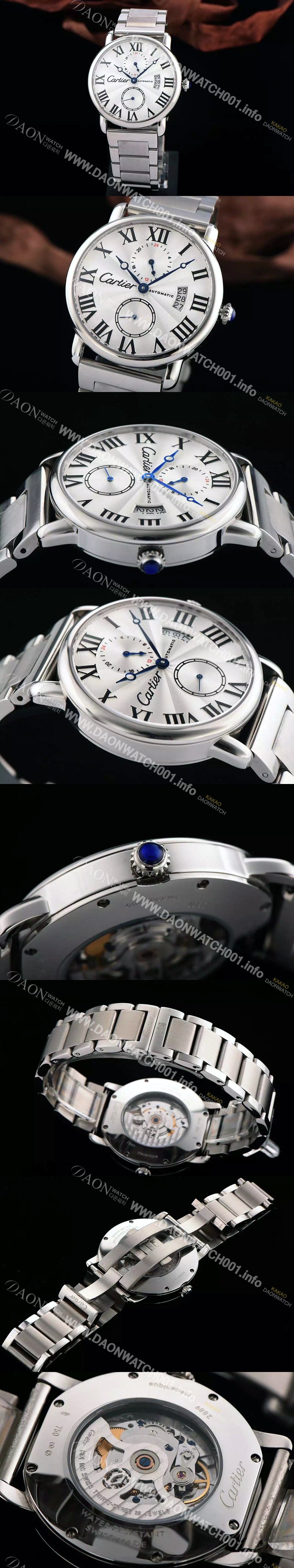 홍콩명품 [까르띠에] 남성용 롱드더 까르띠에 서브 세컨즈 물결무늬 실버 다이얼 블랙 로마 인덱스 스위스 ETA 2824-A2오토매틱 무브먼 CAR0335