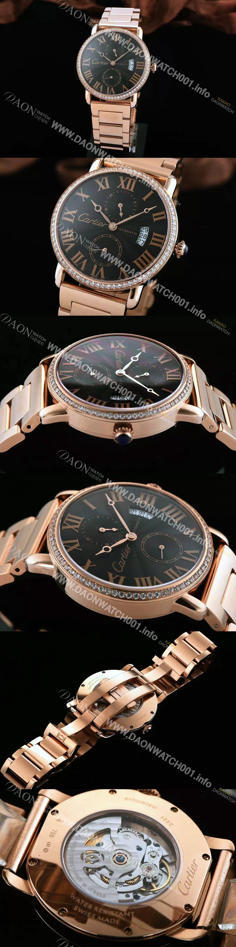 홍콩명품 [까르띠에] 남성용 롱드더 까르띠에 서브 세컨즈 18k 로즈골드 쥬얼 다이아몬드 베젤 물결무늬 블랙 다이얼 골드 로마 인덱스 스위스 ETA 2824-A2오토매틱 무브먼 CAR0300