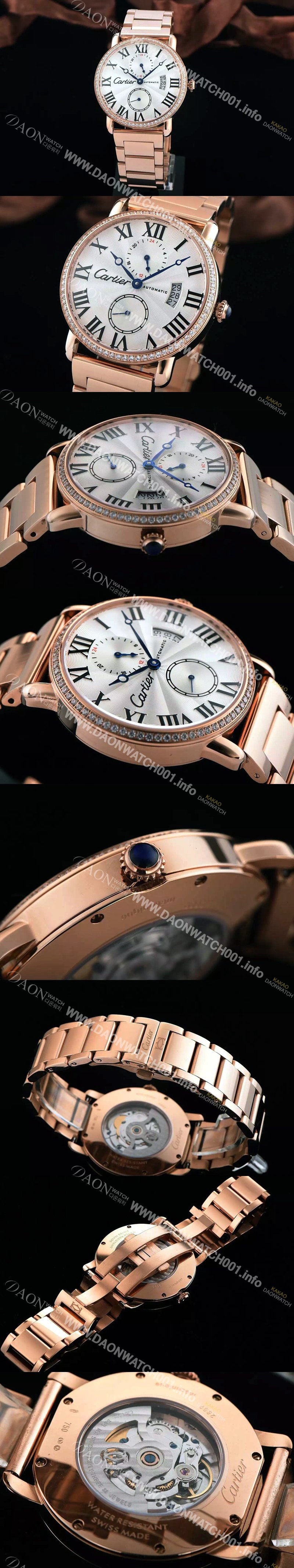 홍콩명품 [까르띠에] 남성용 롱드더 까르띠에 서브 세컨즈 18k 로즈골드 쥬얼 다이아몬드 베젤 물결무늬 화이트 다이얼 블랙 로마 인덱스 스위스 ETA 2824-A2오토매틱 무브먼 CAR0301