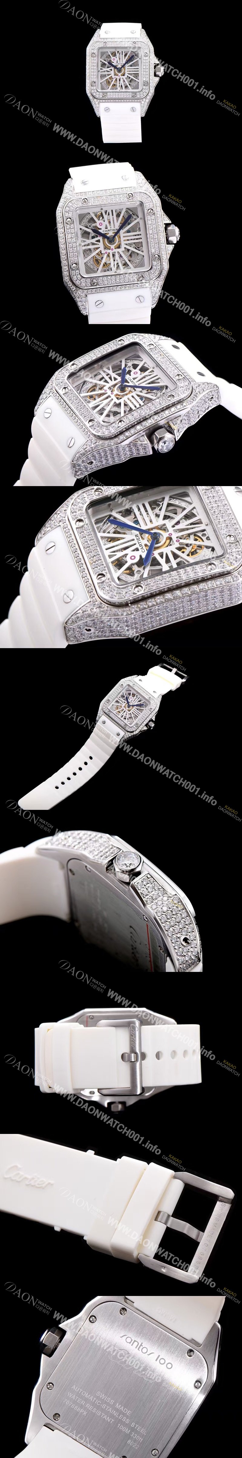 홍콩명품 [까르띠에] 남성용 신상출시!!산토스 뒤몽 컬렉션 18k 화이트 골드 다이아몬드 셋팅 스켈레톤 다이얼 오토매틱 무브먼트 CAR0110