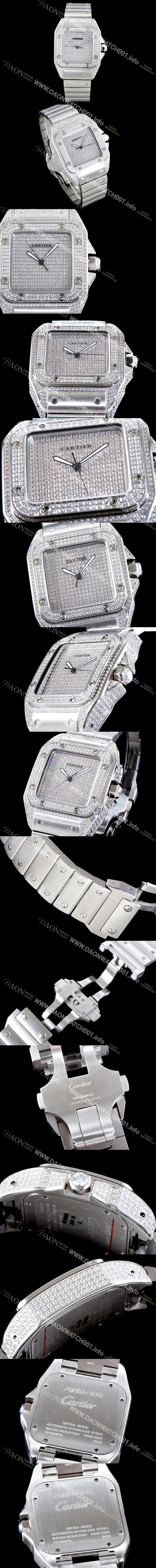 홍콩명품 [까르띠에] 남성용 산토스 100 베스트 에디션 W20073X8 미듐 모델 화이트 골드 풀다이아몬드 셋팅 오토매틱 무브먼트 CAR4010